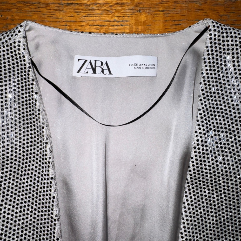 Zara Womens‎ Silver Sequin Cape Blazer Open Front Party Jacket XS 2687/001/808 - Picture 2 of 7